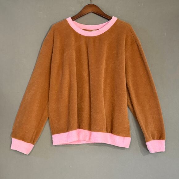 Maeve Anthropologie Cozy Ribbed Ringer Sweatshirt with Contrast Trim L Pink - Picture 1 of 11